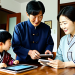 **

"A multigenerational family in South Korea, visiting an elderly relative. The scene shows a modern, modest home interior. The grandmother is fully clothed in traditional Korean attire. Her grandchildren are showing her how to use a tablet. Safe for work, appropriate content, family-friendly, perfect anatomy, correct proportions, natural pose, well-formed hands, proper finger count, professional."

**
