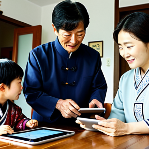 Home 4 **
"A multigenerational family in South Korea, visiting an elderly relative. The scene shows a modern, modest home interior. The grandmother is fully clothed in traditional Korean attire. Her grandchildren are showing her how to use a tablet. Safe for work, appropriate content, family-friendly, perfect anatomy, correct proportions, natural pose, well-formed hands, proper finger count, professional."
**