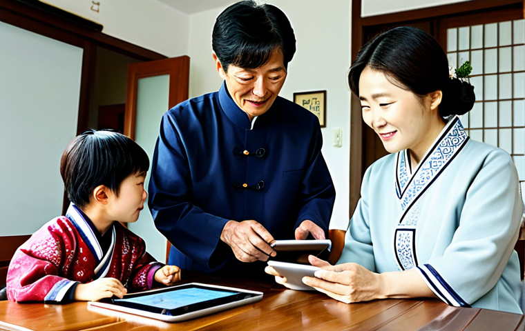 **

"A multigenerational family in South Korea, visiting an elderly relative. The scene shows a modern, modest home interior. The grandmother is fully clothed in traditional Korean attire. Her grandchildren are showing her how to use a tablet. Safe for work, appropriate content, family-friendly, perfect anatomy, correct proportions, natural pose, well-formed hands, proper finger count, professional."

**