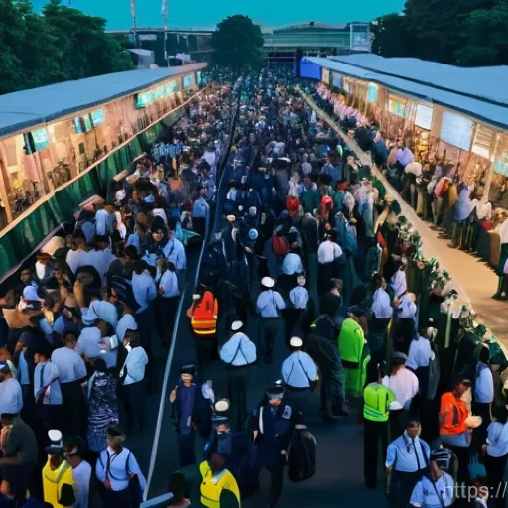 이태원 압사 사고 - A vibrant, bustling outdoor festival scene at dusk, viewed from a slightly elevated angle. Thousands...