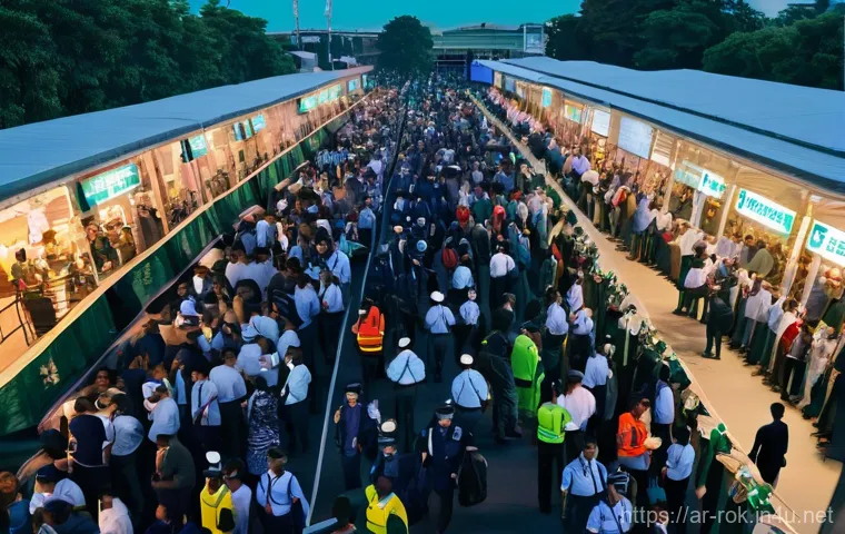 이태원 압사 사고 - A vibrant, bustling outdoor festival scene at dusk, viewed from a slightly elevated angle. Thousands...
