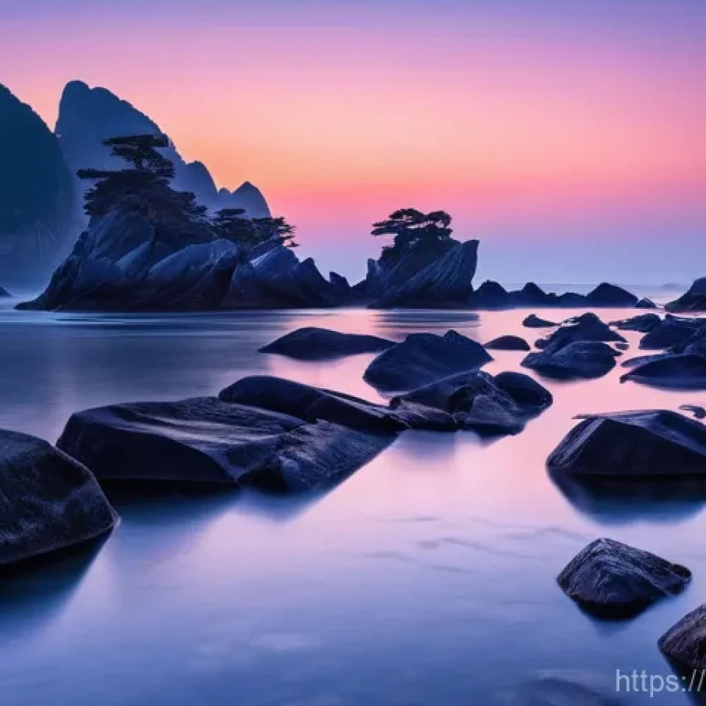 울산 대왕암 일출 촬영 팁 - **Prompt:** A serene and mystical wide-angle view of Daewangam's Dragon Rocks and the iconic red bri...