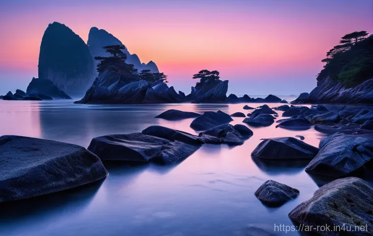 울산 대왕암 일출 촬영 팁 - **Prompt:** A serene and mystical wide-angle view of Daewangam's Dragon Rocks and the iconic red bri...
