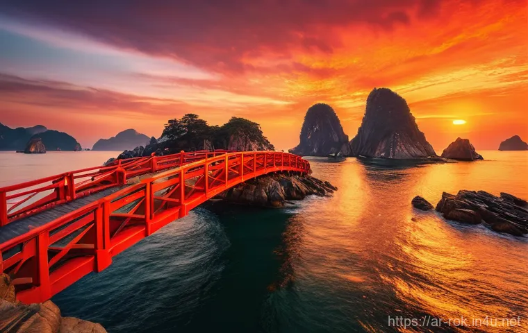 울산 대왕암 일출 촬영 팁 - **Prompt:** A serene and mystical wide-angle view of Daewangam's Dragon Rocks and the iconic red bri...