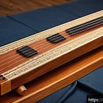 Home 17 가야금 연주 배우기 - A detailed close-up of a traditional Korean gayageum, showcasing its long rectangular wooden body ma...
