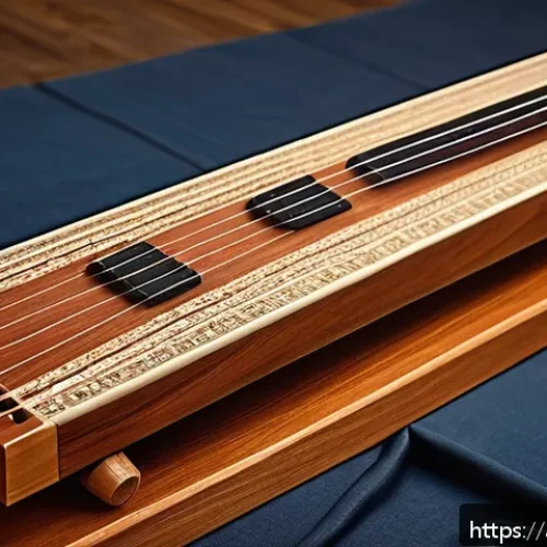 Home 27 가야금 연주 배우기 - A detailed close-up of a traditional Korean gayageum, showcasing its long rectangular wooden body ma...