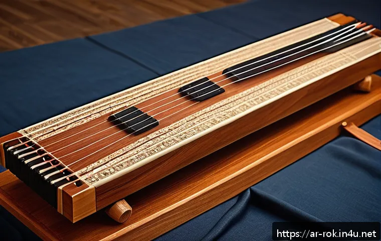 가야금 연주 배우기 - A detailed close-up of a traditional Korean gayageum, showcasing its long rectangular wooden body ma...