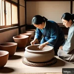 Home 16 조선 도자기 제작 과정 - A traditional Korean Joseon dynasty pottery workshop scene, featuring artisans carefully selecting a...