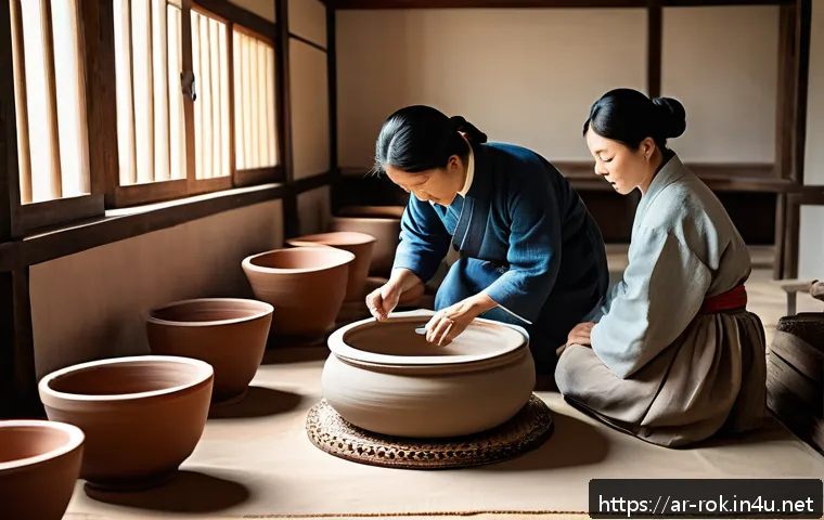 조선 도자기 제작 과정 - A traditional Korean Joseon dynasty pottery workshop scene, featuring artisans carefully selecting a...