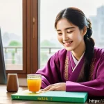 Home 20 외국인을 위한 한국어 기본 회화 - A cozy Korean language learning scene featuring an Arabic-speaking young adult woman sitting at a wo...