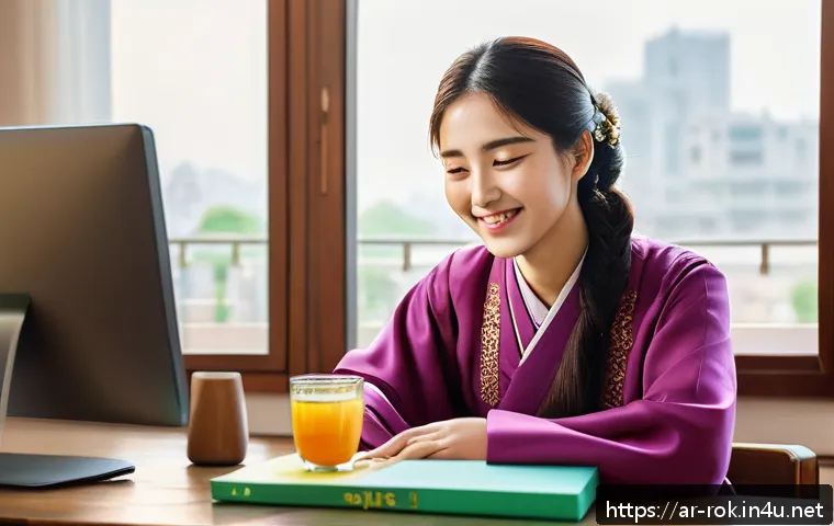 외국인을 위한 한국어 기본 회화 - A cozy Korean language learning scene featuring an Arabic-speaking young adult woman sitting at a wo...