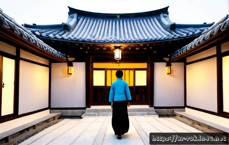 전주 한옥마을 숙박 추천 - Photorealistic wide-angle view of a beautifully restored traditional Korean hanok guesthouse in Jeon...