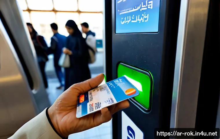 T money 카드 사용법 - Photorealistic close-up of an Arab traveler in modest modern clothing tapping a plain rechargeable t...