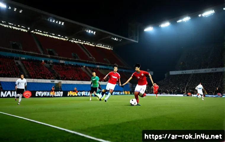 Home 17 손흥민 EPL 득점 기록 - Photorealistic action scene of an elite Korean male football forward in a plain red kit with no logo...